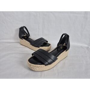 Franco Sarto Black Leather Espadrille Wedge Sandals Women's Size 10M
